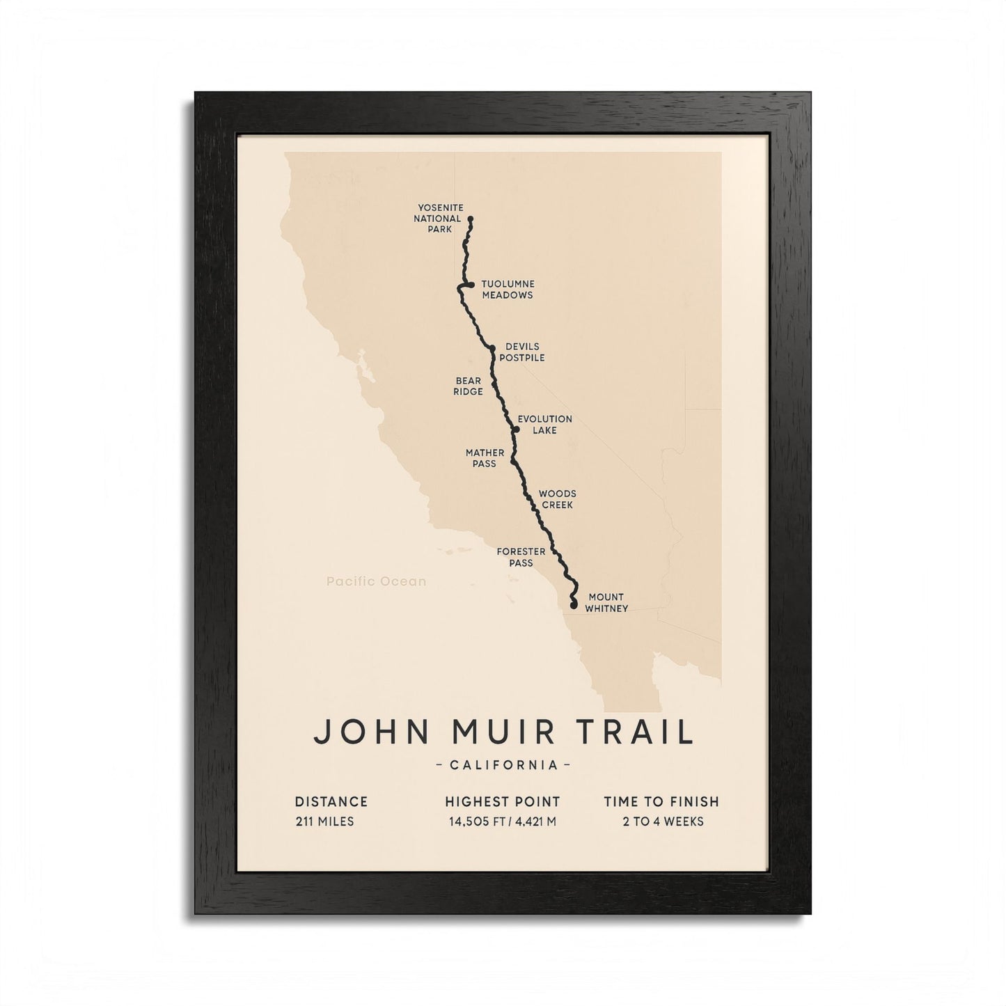 John Muir Trail Map Print — California Hiking Wall Art