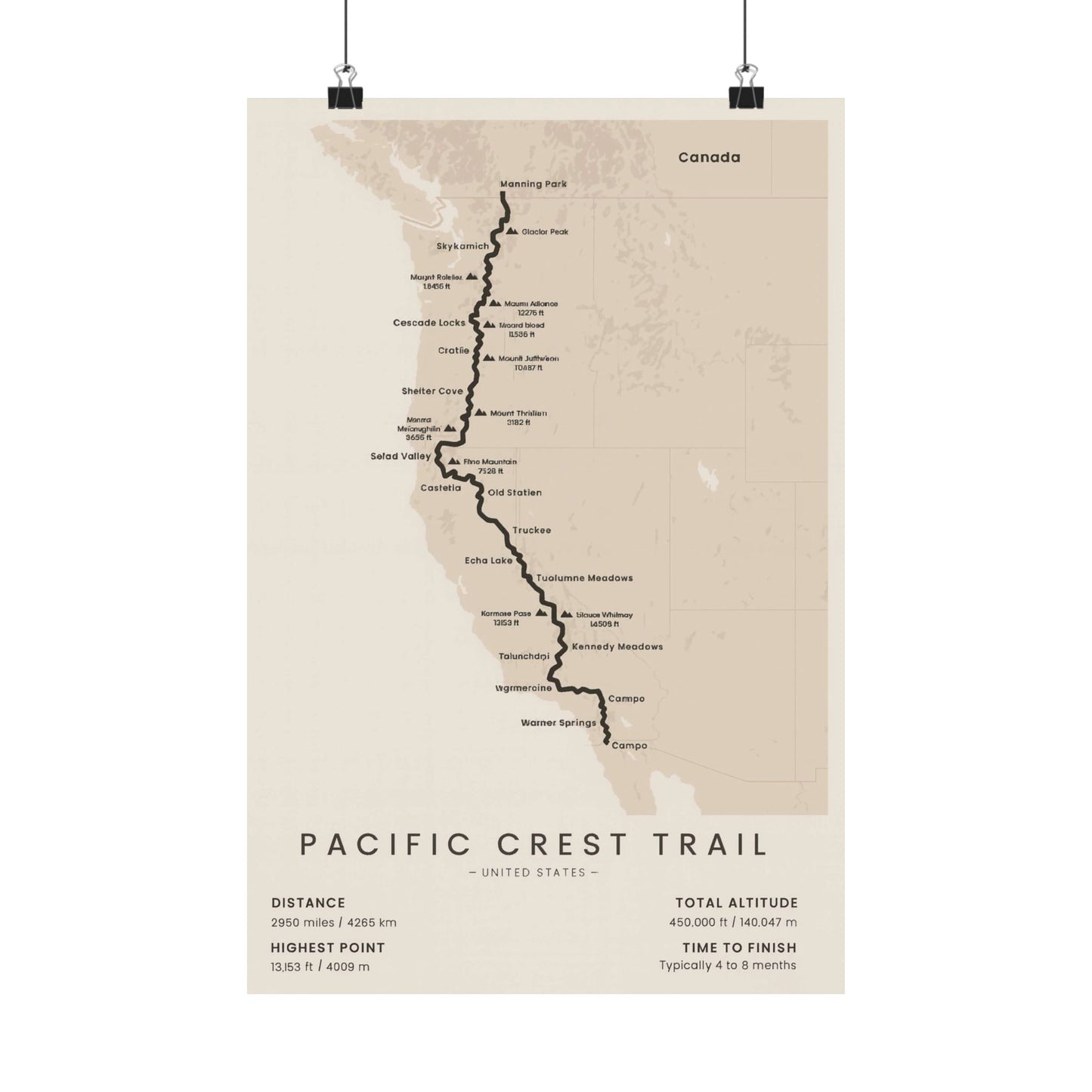 Pacific Crest Trail Map Poster — Unframed PCT Hiking Art