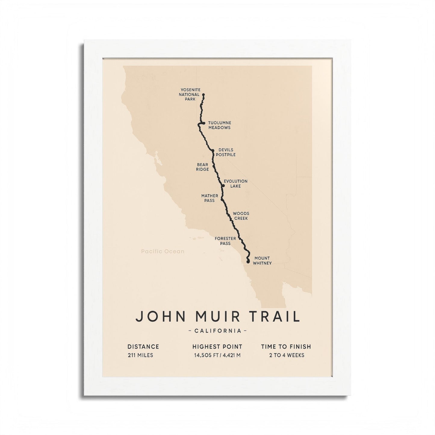 John Muir Trail Map Print — California Hiking Wall Art