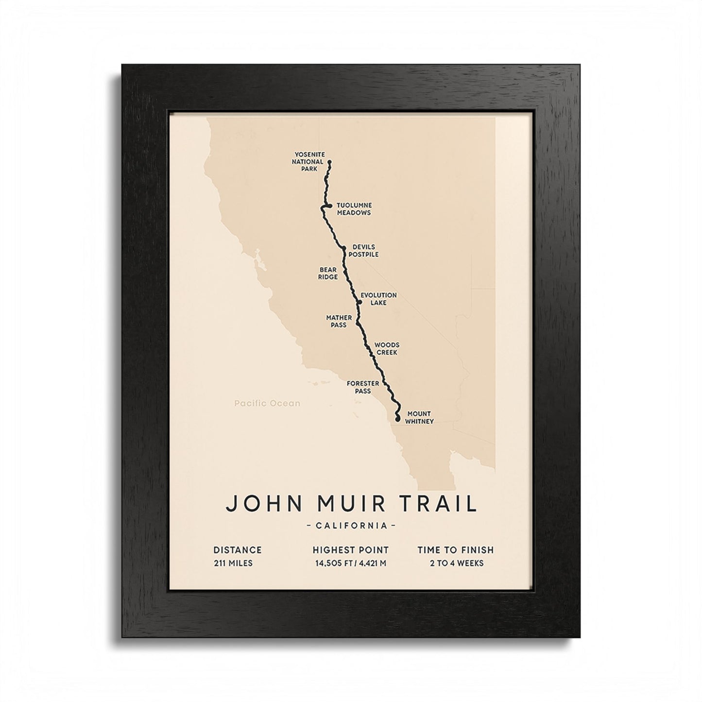 John Muir Trail Map Print — California Hiking Wall Art