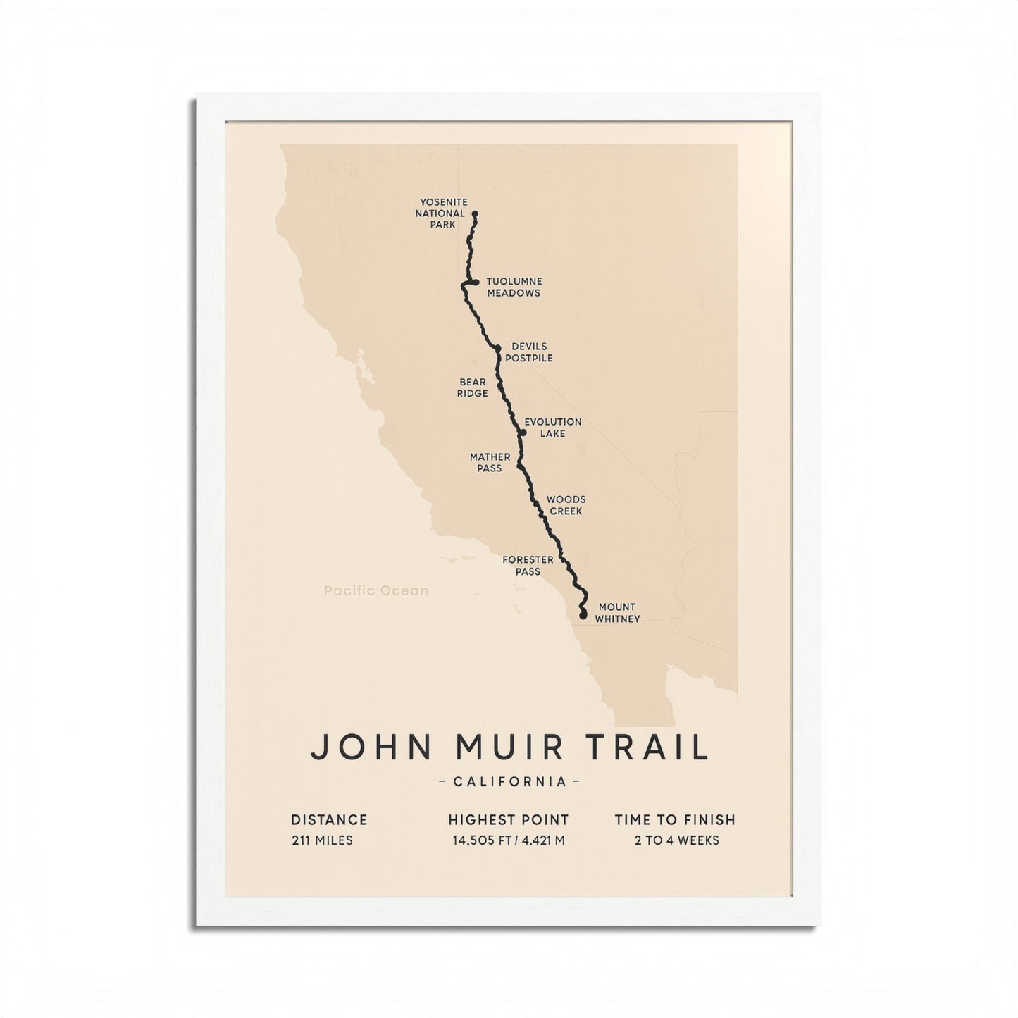 John Muir Trail Map Print — California Hiking Wall Art