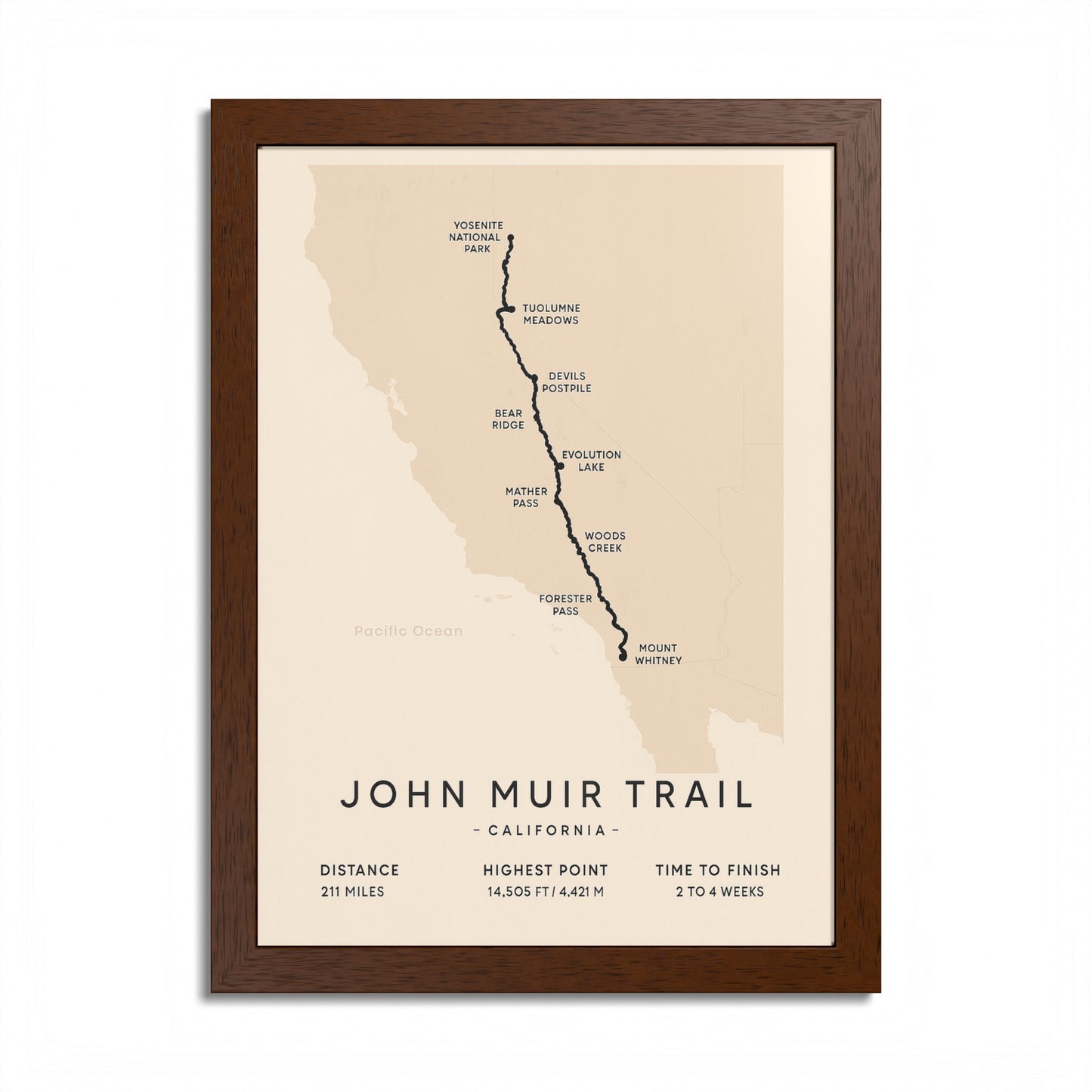 John Muir Trail Map Print — California Hiking Wall Art