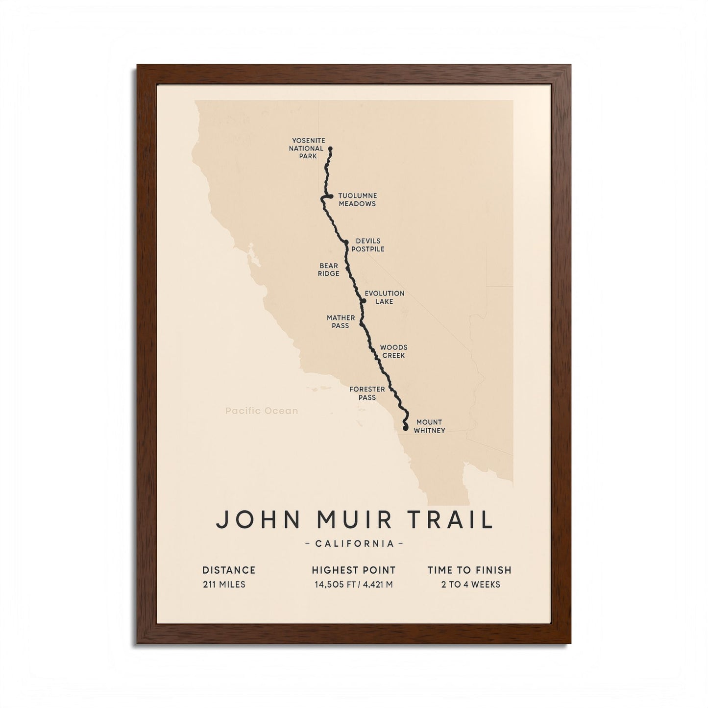John Muir Trail Map Print — California Hiking Wall Art