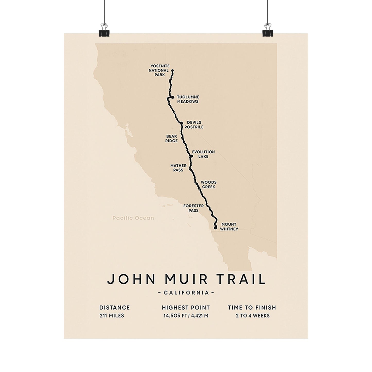 John Muir Trail Map Poster — Unframed California Hiking Art
