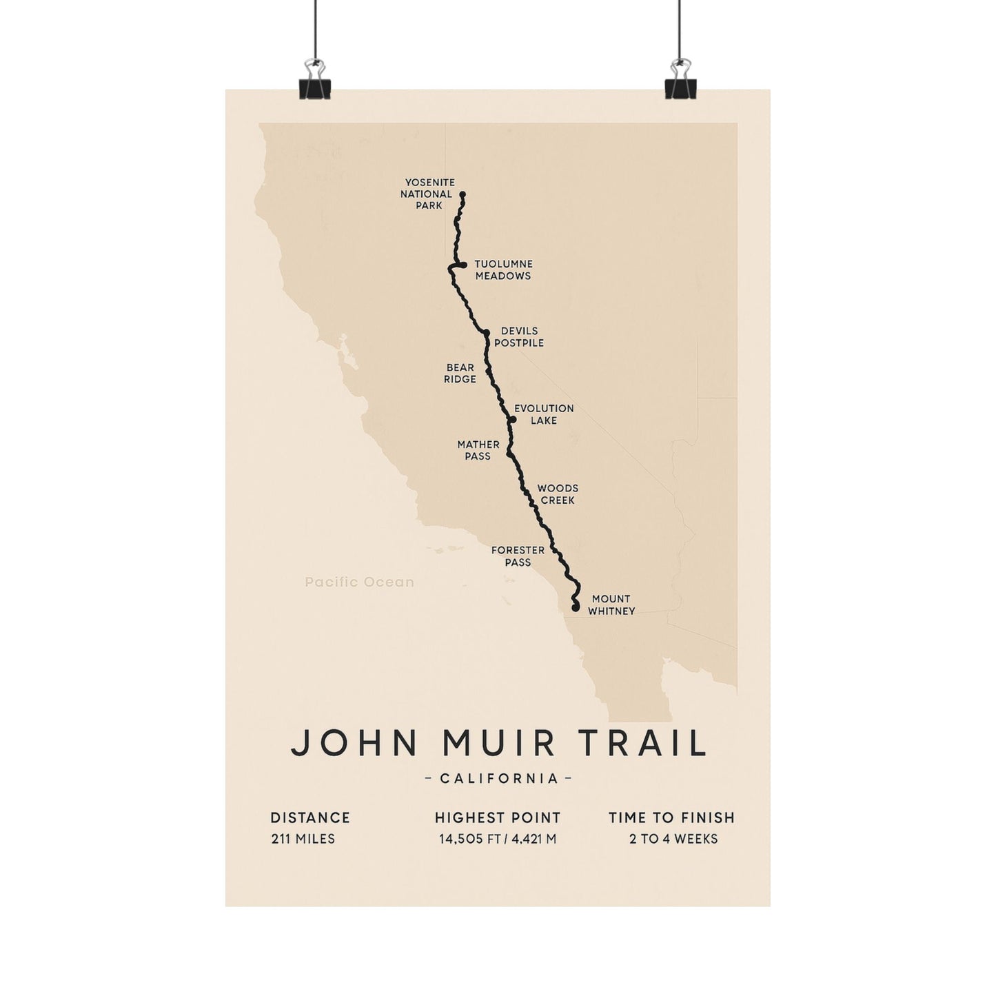 John Muir Trail Map Poster — Unframed California Hiking Art