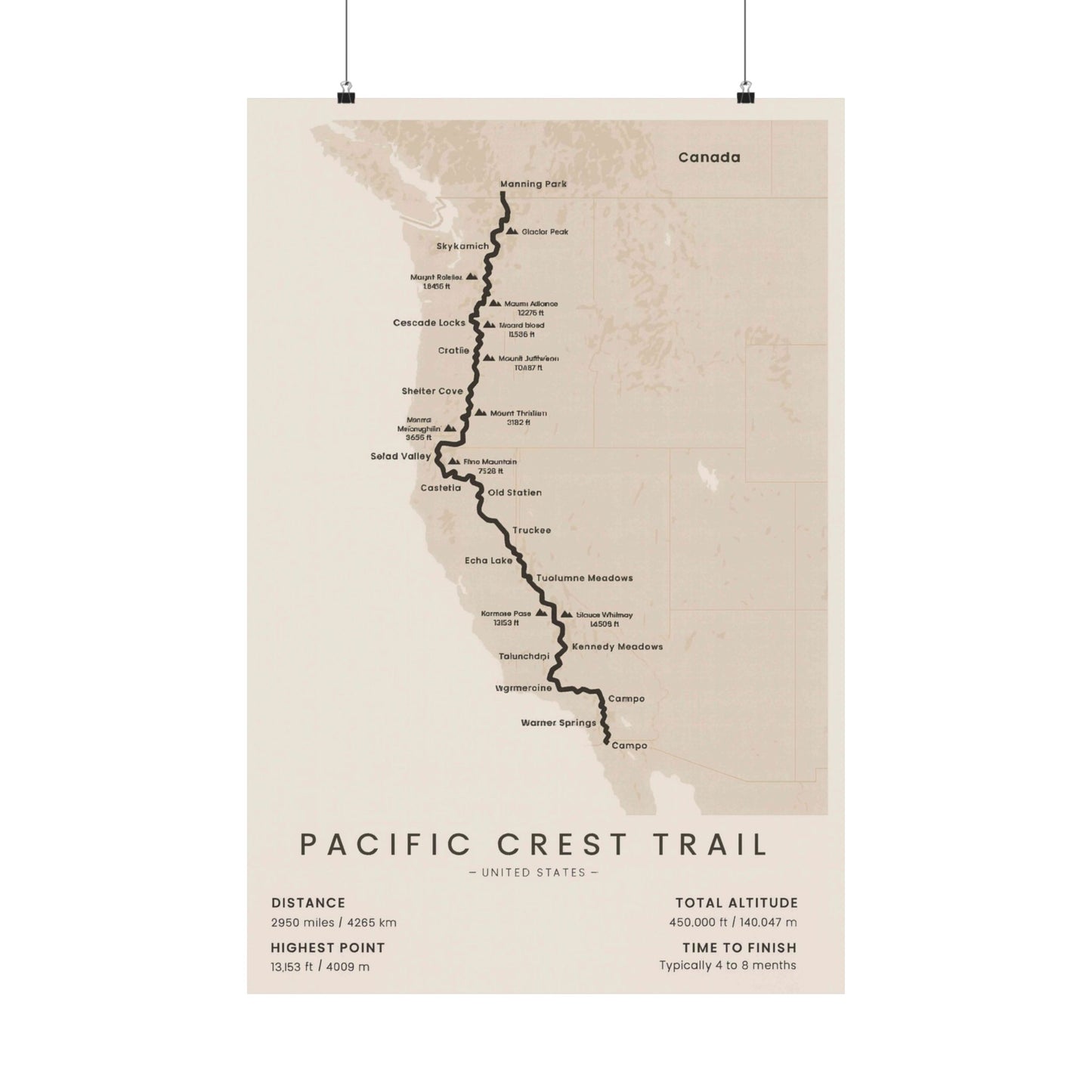 Pacific Crest Trail Map Poster — Unframed PCT Hiking Art