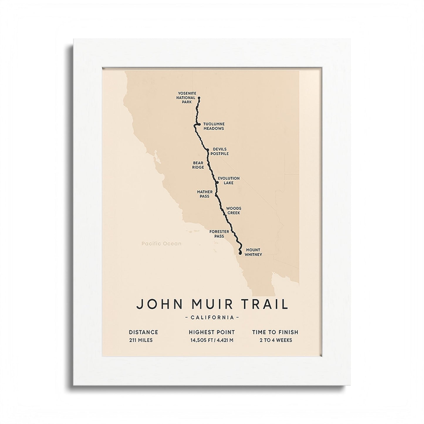 John Muir Trail Map Print — California Hiking Wall Art