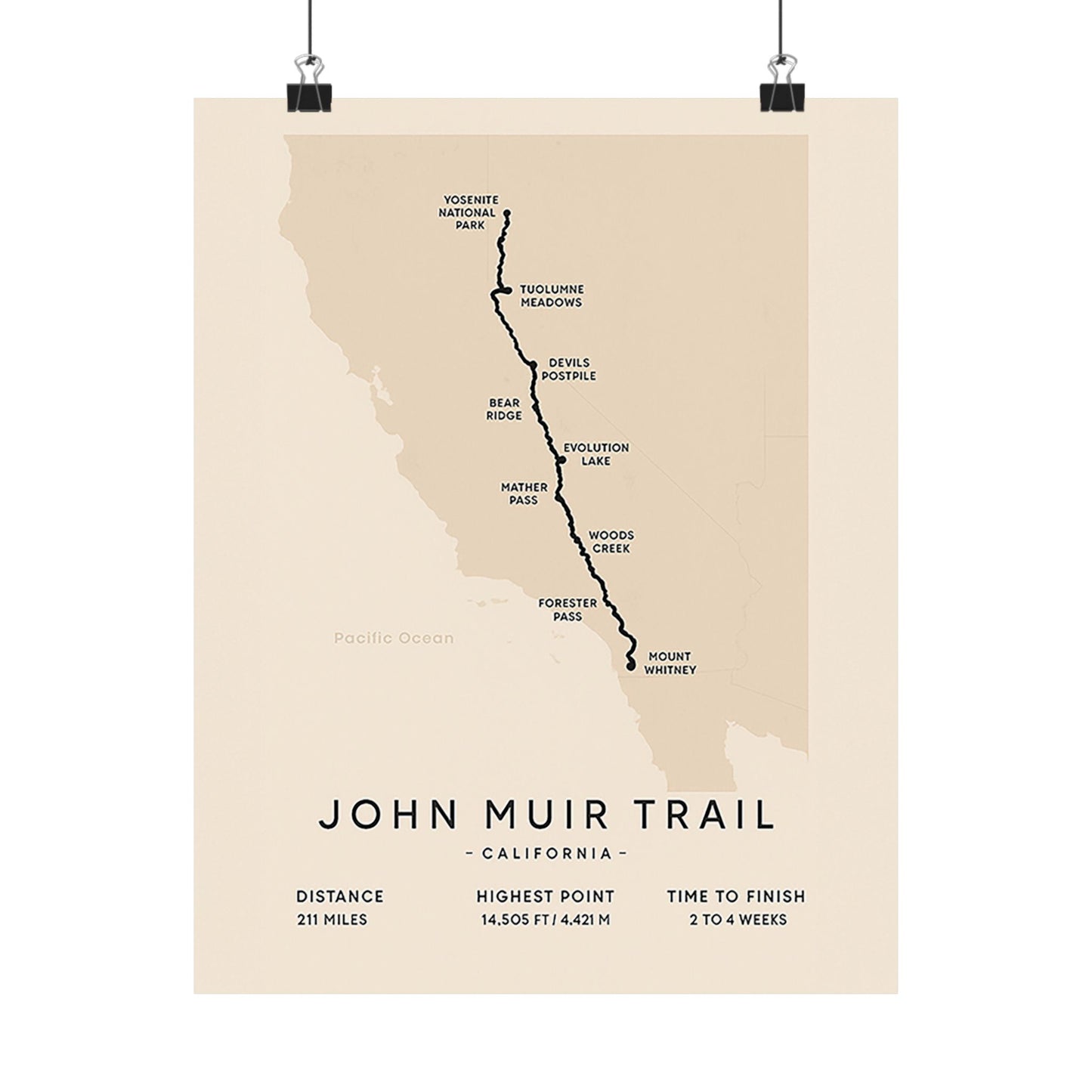 John Muir Trail Map Poster — Unframed California Hiking Art