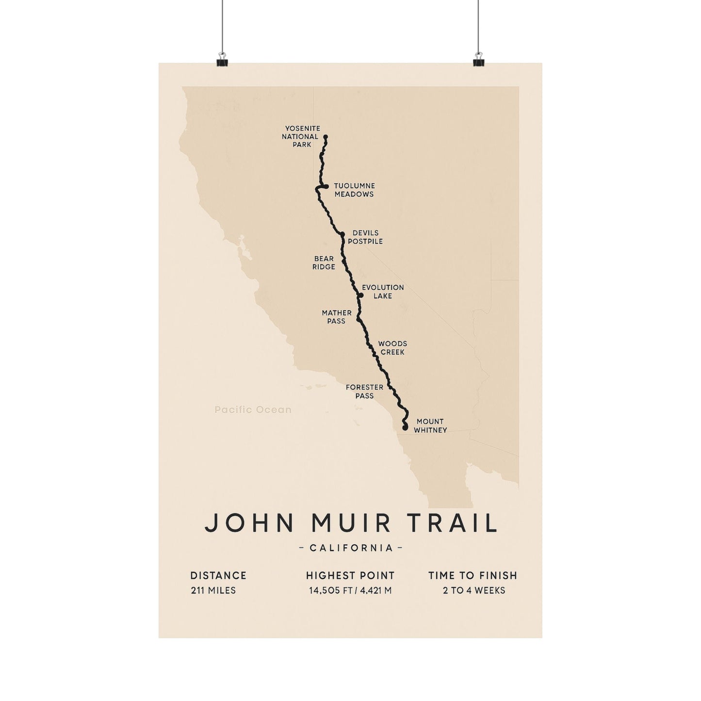 John Muir Trail Map Poster — Unframed California Hiking Art