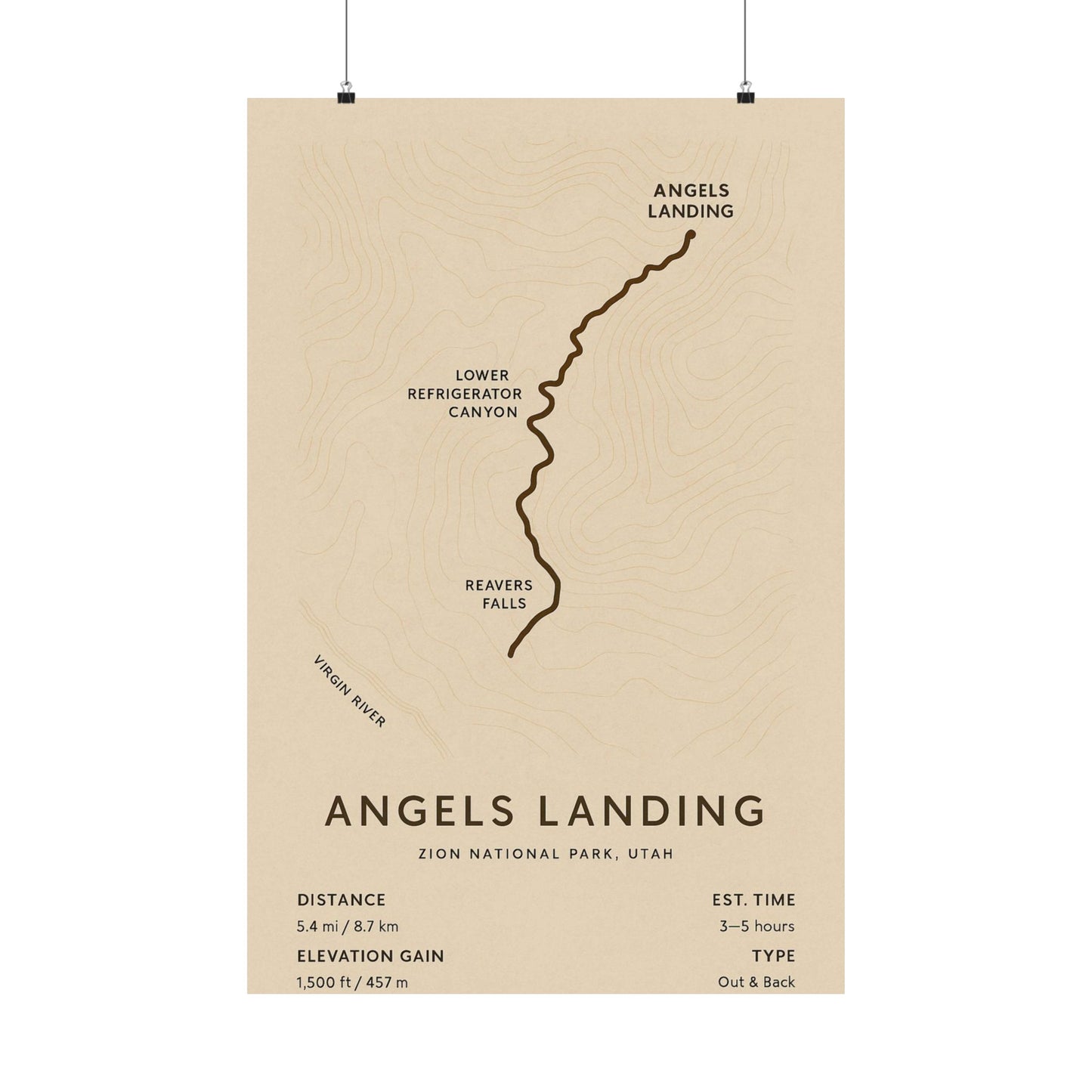 Angels Landing Trail Map Poster — Unframed Zion National Park Art