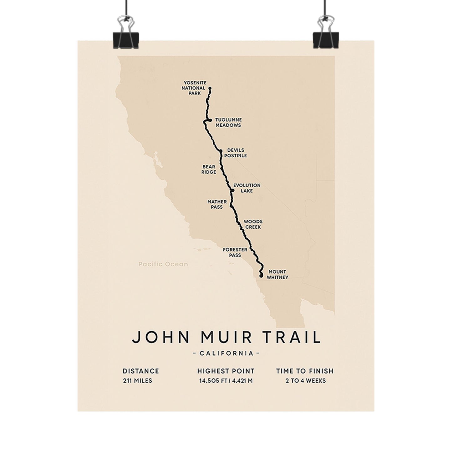 John Muir Trail Map Poster — Unframed California Hiking Art