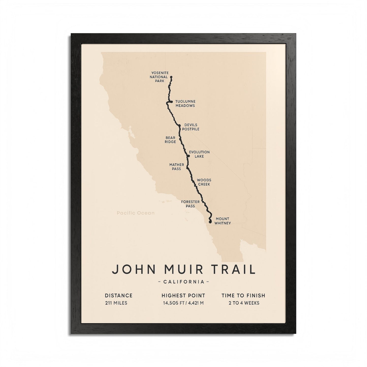 John Muir Trail Map Print — California Hiking Wall Art
