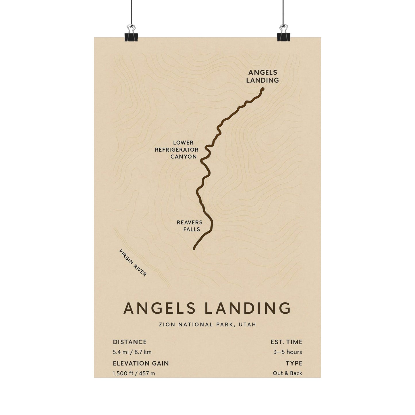 Angels Landing Trail Map Poster — Unframed Zion National Park Art