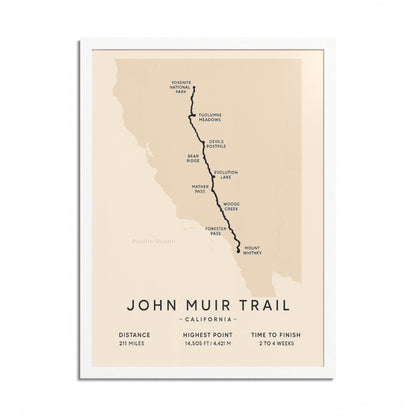 John Muir Trail Map Print — California Hiking Wall Art